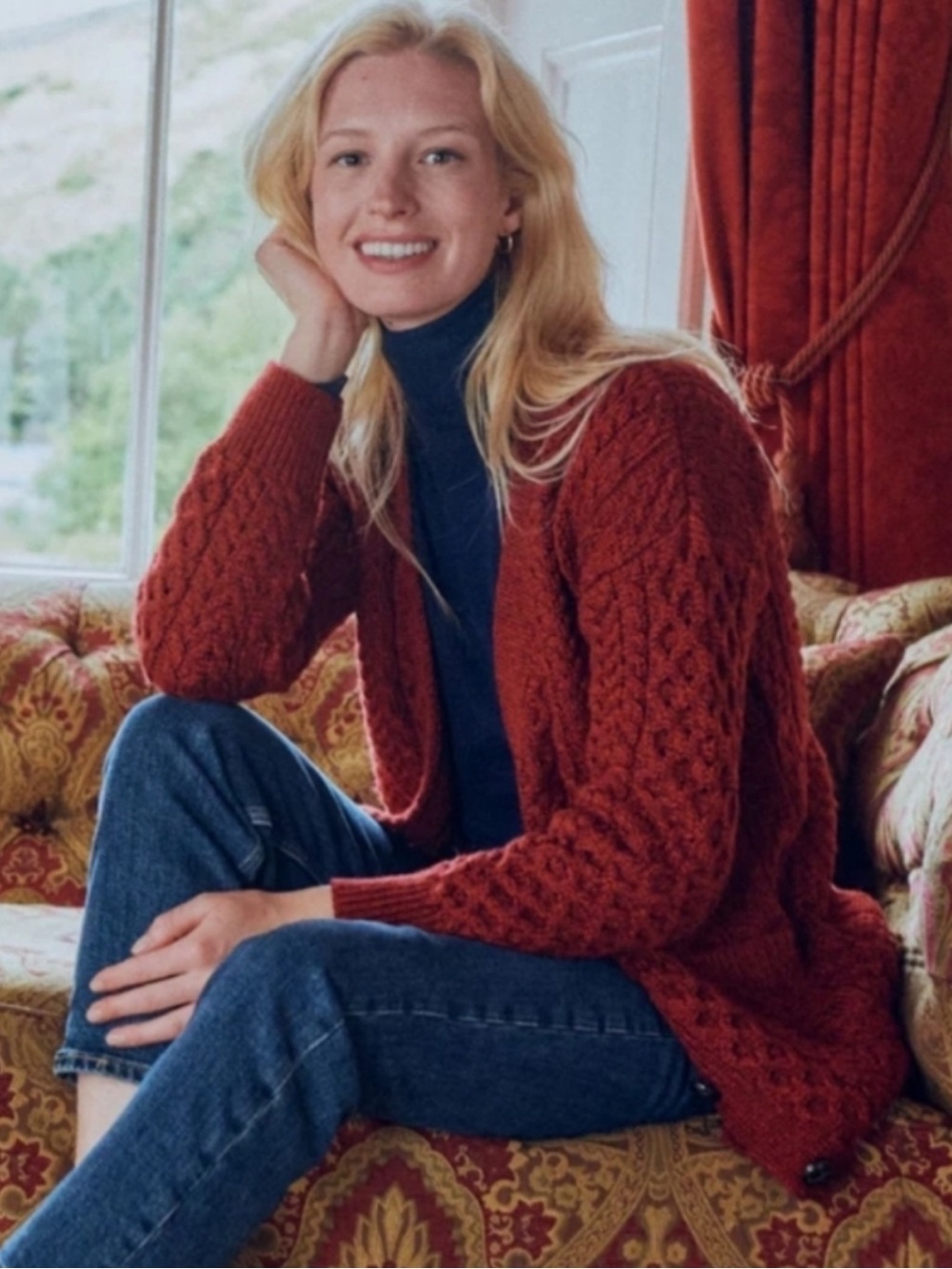 Delphi Aran Irish merino wool cardigan Rua red